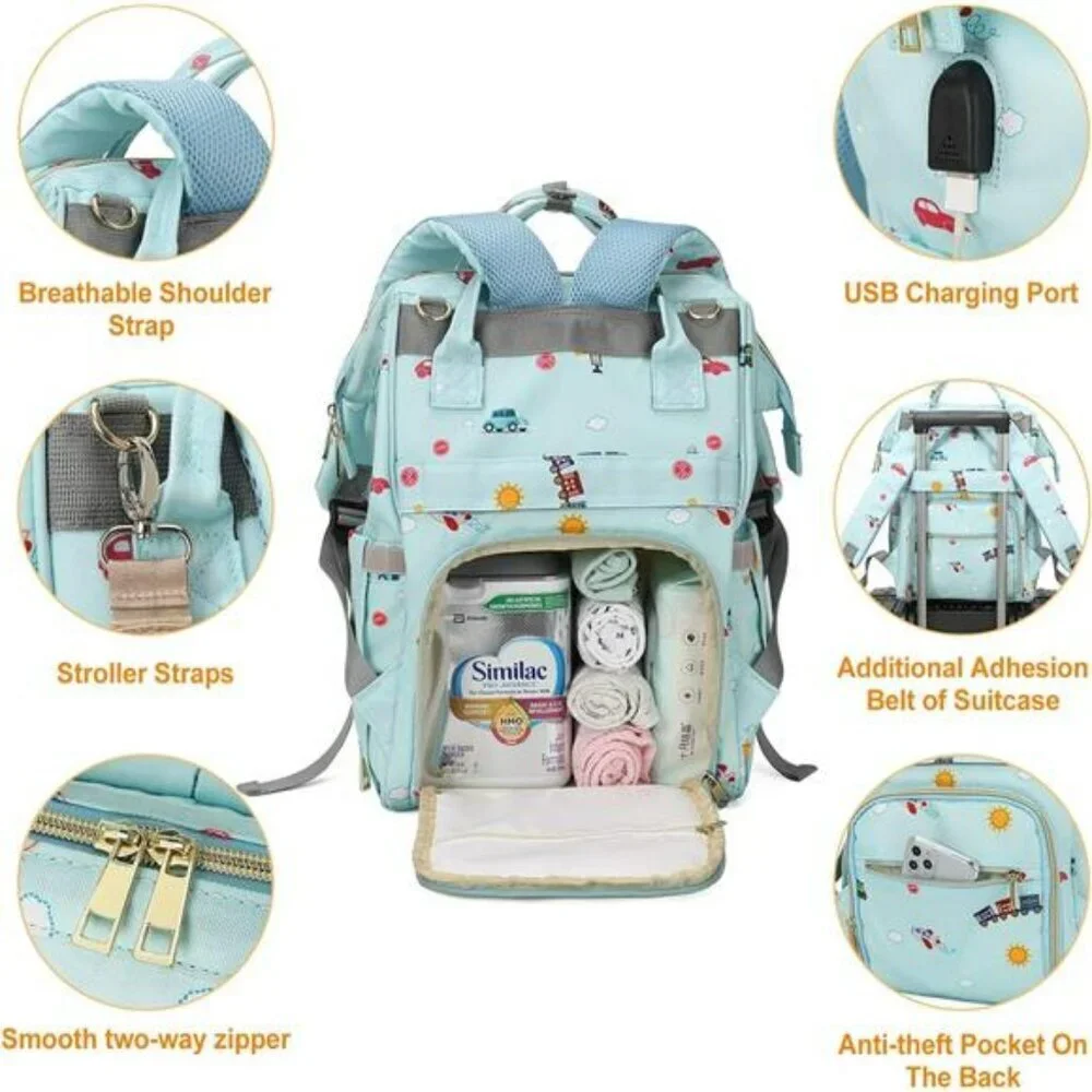Diaper Bag Backpack Large Waterproof Baby Bag USB Stroller Straps Travel Blue